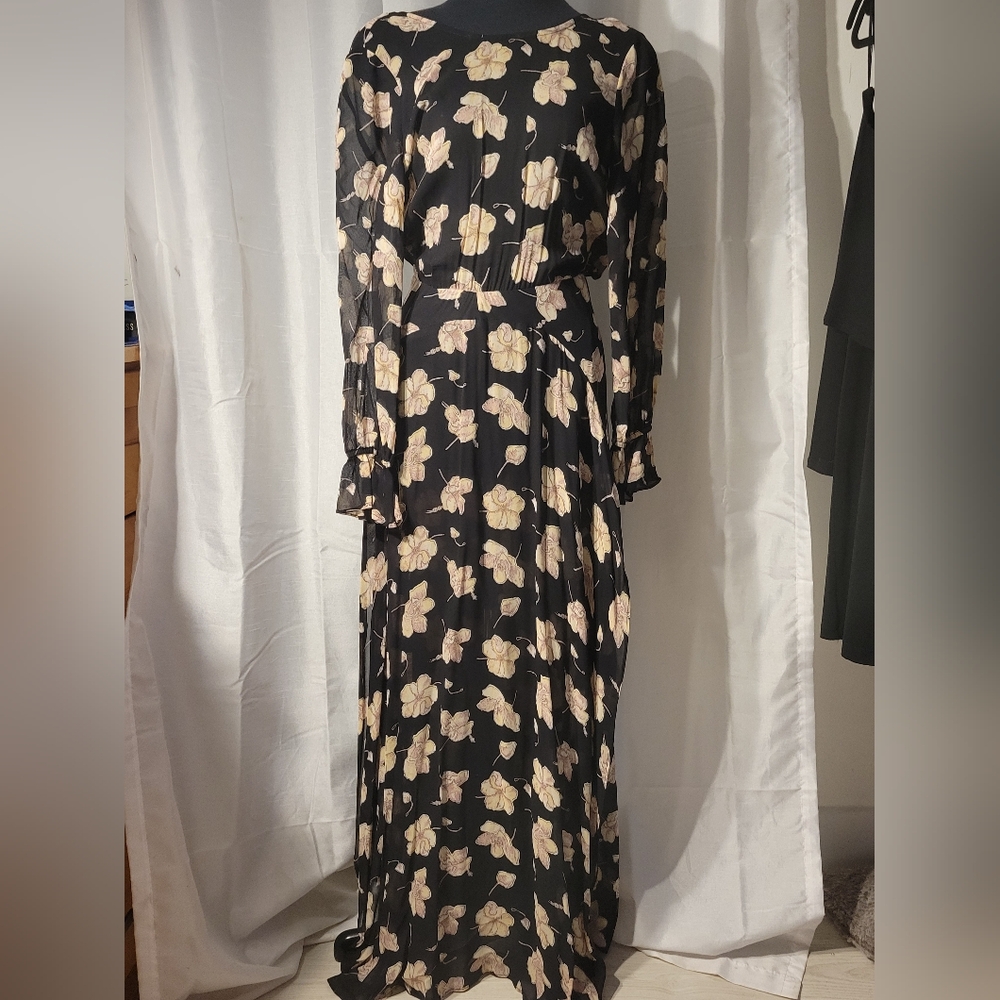 FLYNN SKYE gorgeous sheer black floral long sleeve dress